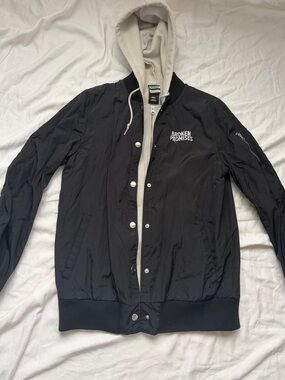 Broken Promises Black Bomber Jacket with Attached Cream Hoodie